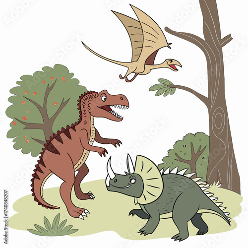 Vector art of a cartoon illustration of a tyrannosaurus rex, triceratops, and pterodactyl in a prehistoric landscape with trees and foliage, creating a whimsical and educational scene