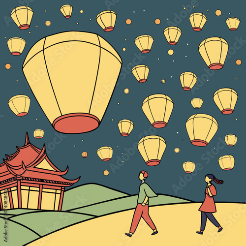 Vector art of a delightful evening stroll under a sky filled with glowing sky lanterns, as a couple enjoys the serene beauty of the night near a traditional pagoda