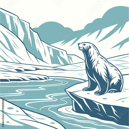 Vector art of a serene illustration of a polar bear sitting on an ice floe, overlooking a winding river and snowcovered mountains, capturing the essence of the arctic wilderness