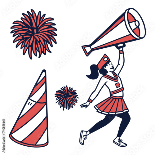 Vector art of a spirited cheerleader in action, megaphone in hand, accompanied by pompoms and a traffic cone, all set against an