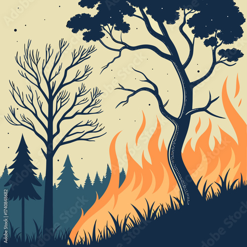 Vector art of a stark illustration of a wildfire consuming a forest, with bare trees and intense flames, highlighting the devastation and environmental impact of uncontrolled fires