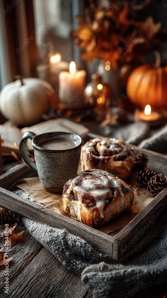 Fototapeta premium Cozy autumn still life with freshly baked cinnamon rolls, creamy icing, steaming coffee mug, glowing candles, pumpkins, pinecones, dried leaves, and open book in warm hygge setting