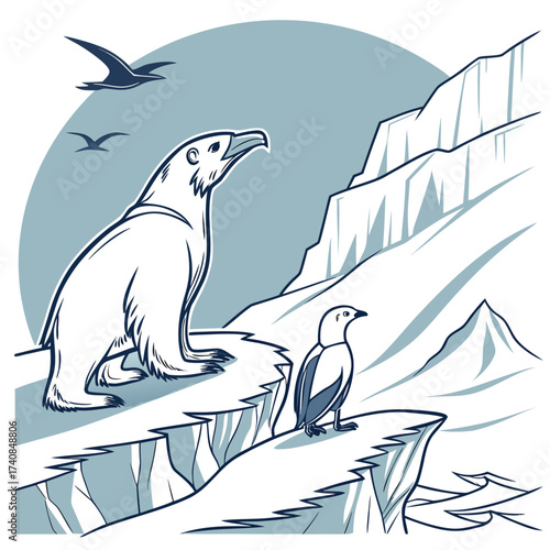 Vector art of a whimsical illustration of arctic wildlife on ice floes, featuring a polar bear with an eagles head, a penguin, and birds, set against a backdrop of icy mountains