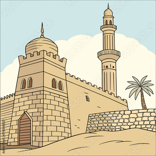 Vector art of an old mosque with a minaret stands against a cloudy sky, palm tree adding a touch of serenity to the scene