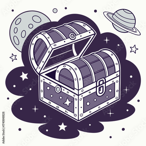 Vector art of an open treasure chest surrounded by cosmic elements like a moon, planet, and stars, set against a dark cloud background