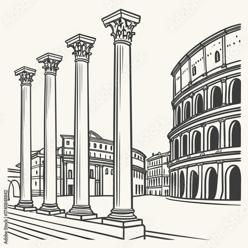 Vector art of ancient rome cityscape a handdrawn illustration of the colosseum and roman forum, showcasing the grandeur of roman architecture