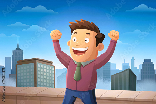 Triumphant young businessman celebrating success on a rooftop with clenched fists, created in detailed vector style, career accomplishments, motivation
