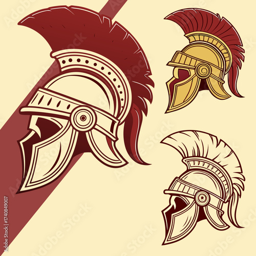 Vector art of collection of spartan helmet vector illustration set of ancient greek warrior head protection in different styles design element for logo