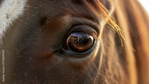 Close-up of a brown horse's eye with a white star on its forehead. The eye reflects light, showcasing the horse's gentle nature and beauty.