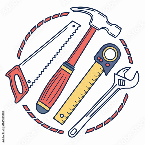 Vector art of hand tools collection hammer, saw, adjustable wrench, and ruler in a circle frame for construction or repair service concept
