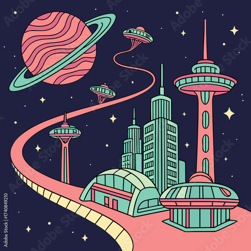 Vector art of futuristic city with flying saucers and a planet in the sky, creating a retro science fiction scene of advanced urban development in space