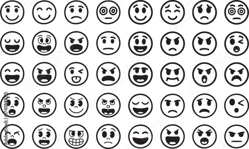 Abstract emoji design 40 circular faces, happy, sad, angry, surprised, winking, shocked, laughing and playful