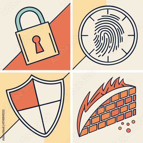 Vector art of icon set featuring security symbols, including a padlock, fingerprint, shield, and firewall, representing digital protection and cybersecurity measures