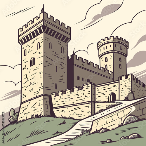 Vector art of imposing stone castle perched atop a hill, its weathered walls and sturdy towers telling tales of history and resilience, a timeless symbol of strength