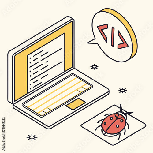 Vector art of isometric illustration of a laptop with code, a bug, and a speech bubble, , symbolizing software development and debugging process