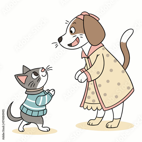 Vector art of playful scene of a dog in a robe talking to a cat in a sweater, vector illustration of friendship between animals