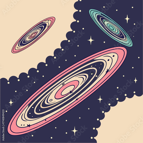 Vector art of retro illustration of galaxies and stars in space, featuring pastel colors and a vintage aesthetic, evoking a sense of wonder and exploration of the cosmos
