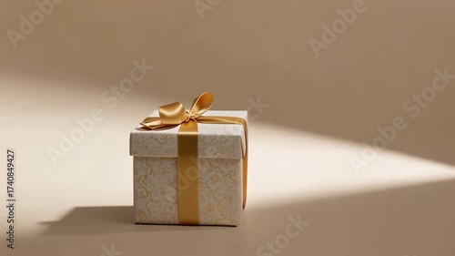 Elegant gift box with golden ribbon in sunlit ambiance for celebrations and special occasions