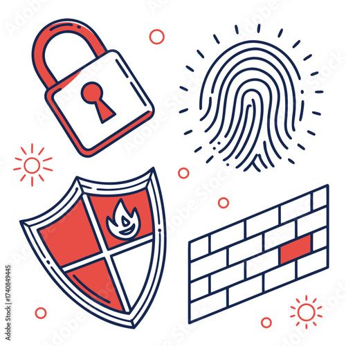 Vector art of security system icons set of firewall, fingerprint, shield, and padlock icons data protection and cyber security concept
