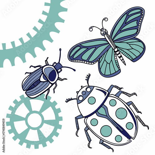 Vector art of steampunk insects a whimsical illustration of a butterfly, ladybug, and beetle with gears, blending nature and mechanics