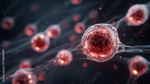 Interconnected Biological Cells with Glowing Red Cores and Fibrous Extensions against Dark Background Expressing Complexity, Connectivity and Regeneration, Scientific Visualization of Neural 