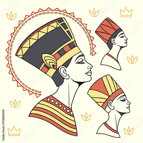Vector art of three egyptian pharaohs with traditional headdresses, showcasing ancient egyptian culture and history, vector illustration