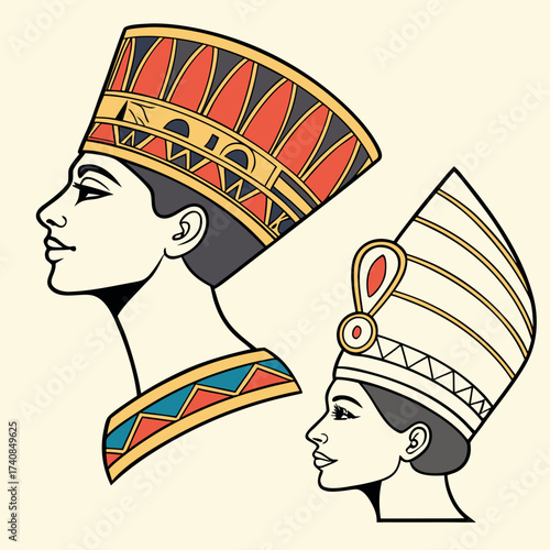 Vector art of two egyptian pharaohs with traditional headdresses, showcasing ancient egyptian culture and history, vector illustration of pharaohs