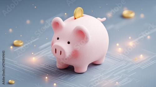 Pink Piggy Bank with Coin on Glowing Circuit Background surrounded by Particles and Currency Expressing Savings, Finance and Innovation, Conceptual Visualization of Digital Banking and Modern Money 