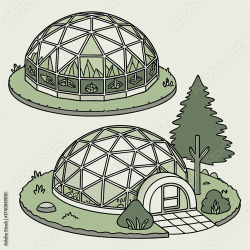Vector art of two geodesic domes surrounded by trees and greenery, creating a sense of harmony with nature, the design is modern and sustainable