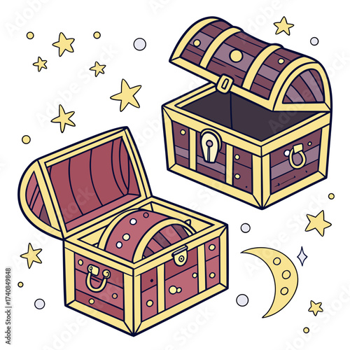 Vector art of two open treasure chests surrounded by stars and a moon, creating a whimsical and magical scene, cartoonish and colorful design