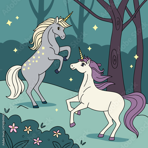 Vector art of two unicorns are standing on their hind legs in a forest clearing, surrounded by trees and flowers, with stars twinkling in the background, creating a magical scene
