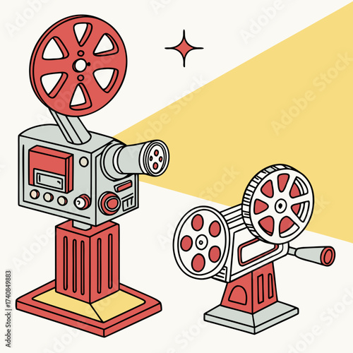 Vector art of two vintage film projectors with reels and light beams, one larger and one smaller, creating a nostalgic and retro cinematic atmosphere