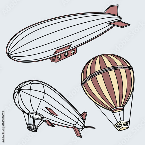 Vector art of vintage airship illustration featuring a collection of zeppelins and hot air balloons in a retro style, a nostalgic aviation scene