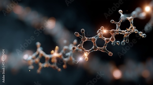 3D Molecular Structure with Benzene Ring and Glowing Highlights against Dark Background Expressing Chemistry, Complexity and Organic Compounds, Scientific Visualization of Molecular Interactions 