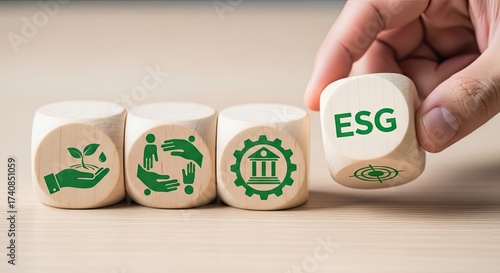 Wooden Dice Featuring Green ESG Symbols & Human Hand Symbolizing Sustainable Approach