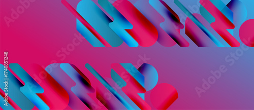 Abstract shapes, vibrant colors, pinks, blues create dynamic composition. Modern design, gradients suggest depth, movement.