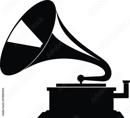 A vintage gramophone with a horn is ready to play music silhouette vector, gramophone silhouette vector illustration
