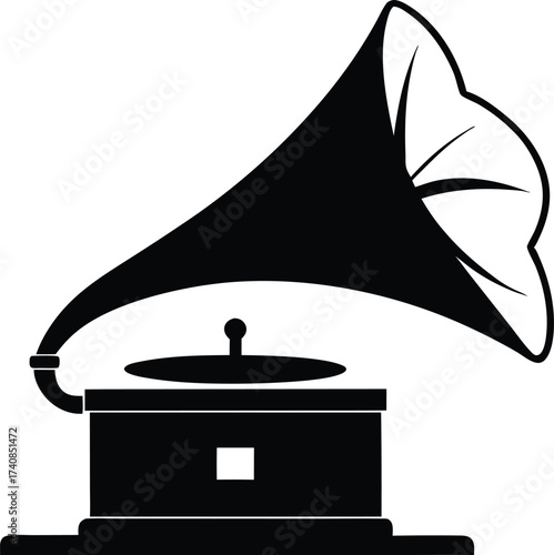 A vintage gramophone with a horn is ready to play music silhouette vector, gramophone silhouette vector illustration