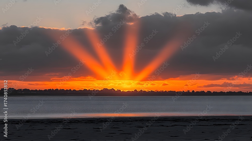 Obraz premium Dramatic sunset over calm sea with crepuscular rays through clouds horizon