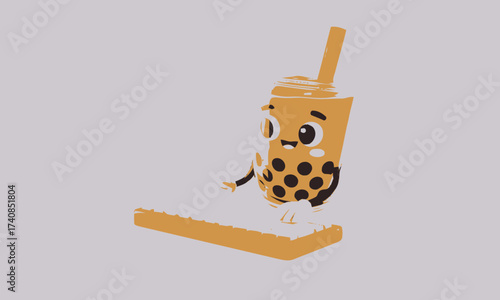 Boba Tea Character Typing on a Keyboard: Conceptual Illustration