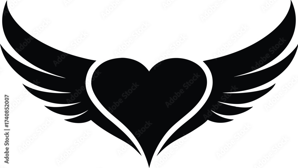Obraz premium Heart with Wings Silhouette Vector Icon, Heart and Wings Silhouette - Vector Illustration