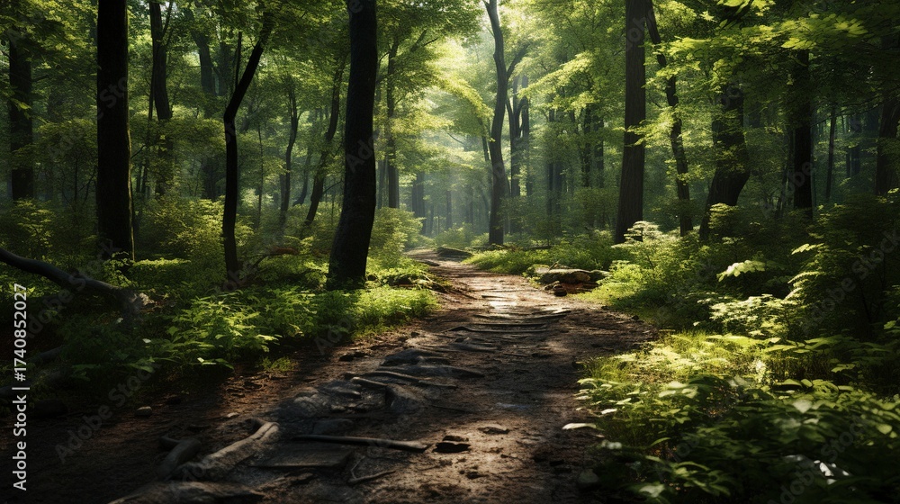 Obraz premium A photo of a trail with wooden steps in a dense forest