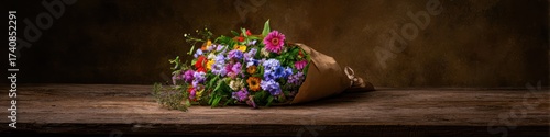 Wallpaper Mural Colorful flower bouquet wrapped in brown paper on a wooden surface Torontodigital.ca