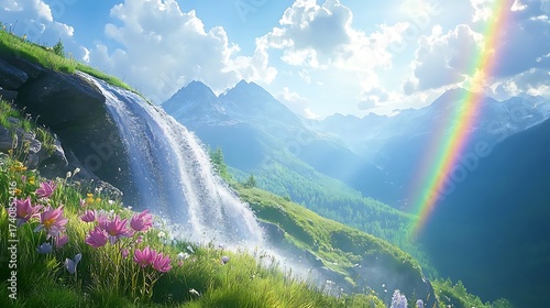 A vibrant waterfall cascading down a lush mountainside with a rainbow, creating a breathtaking and enchanting natural spectacle in daylight