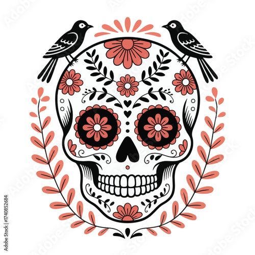Black and coral sugar skull with birds and floral accents day of the dead calavera