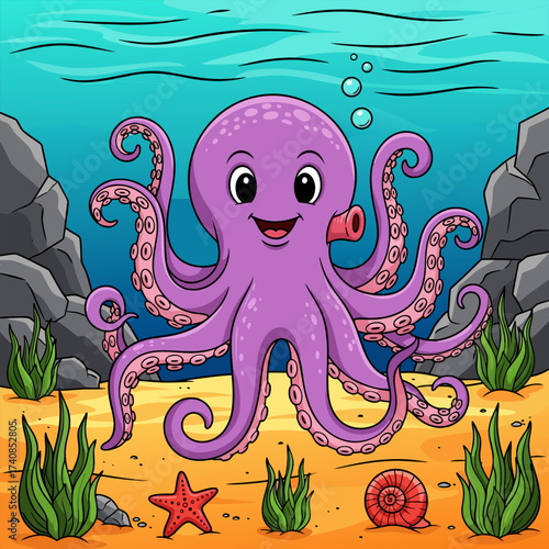Happy Octopus World Day Celebration with Cute Ocean Creature and Underwater Scenery