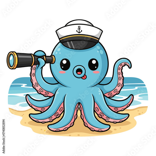 Happy Octopus World Day illustration of a cute blue octopus wearing a sailor hat and holding a spyglass on a beach with waves in the background