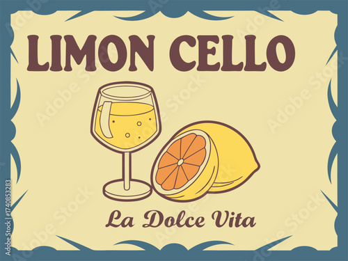Limon cello la dolce vita with lemon and glass illustration