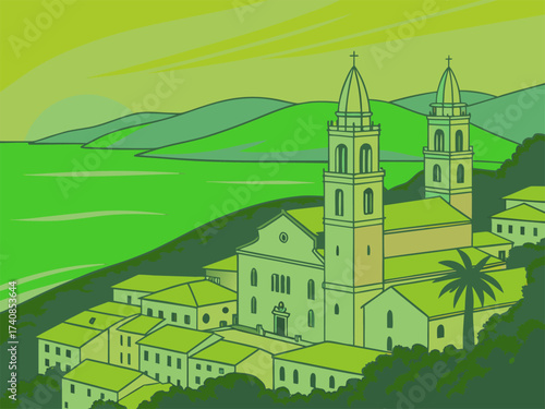 Coastal village with church tower and rolling hills illustration