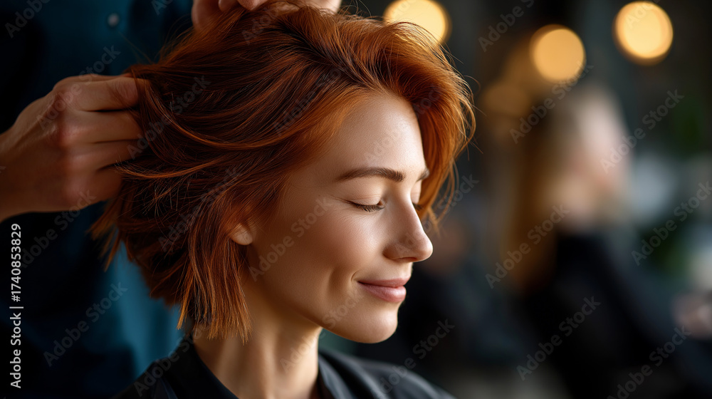Fototapeta premium Female hairdresser cutting young woman's hair in beauty salon, under soft salon light, highlighting skilled hands and vibrant setting, serene beauty scene, calm cutting lighting, w